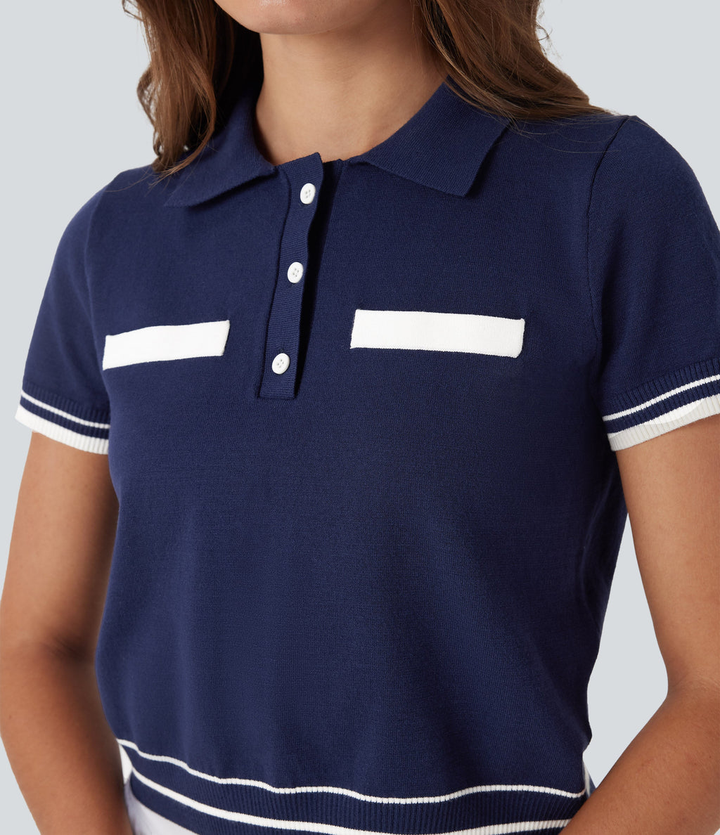 Polo Button Front Short Sleeve Casual Sweater Knit Top