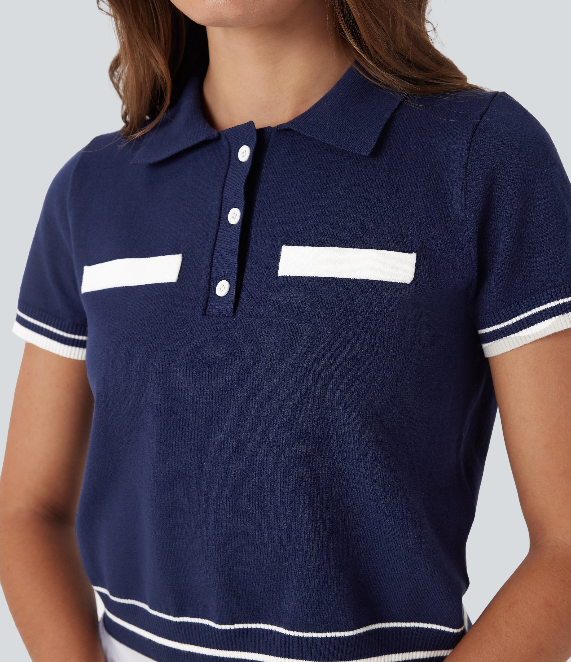 Polo Button Front Short Sleeve Casual Sweater Knit Top