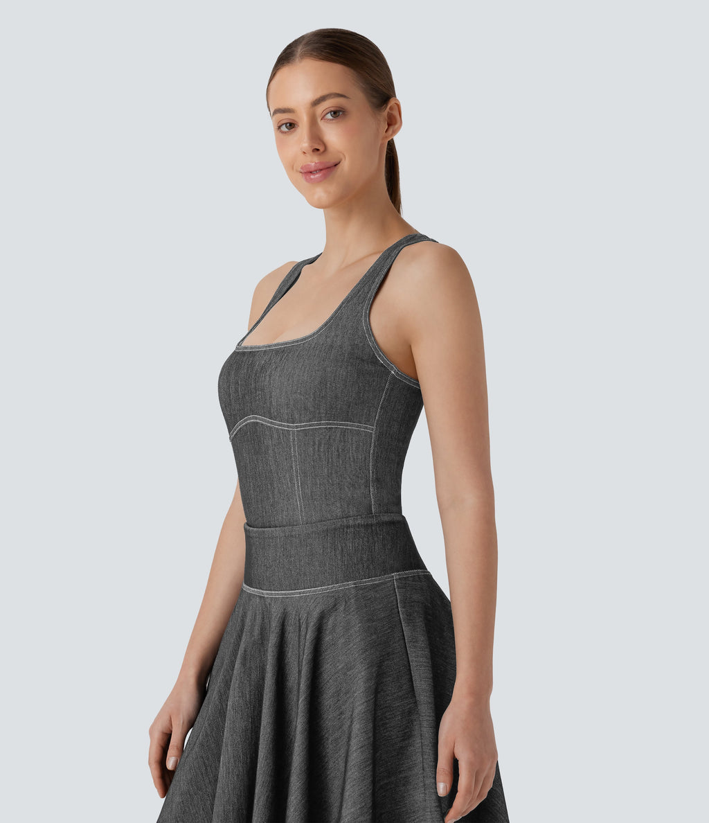 FlexTM Square Neck Racerback Cool Touch Washed Denim Tennis Bodysuit