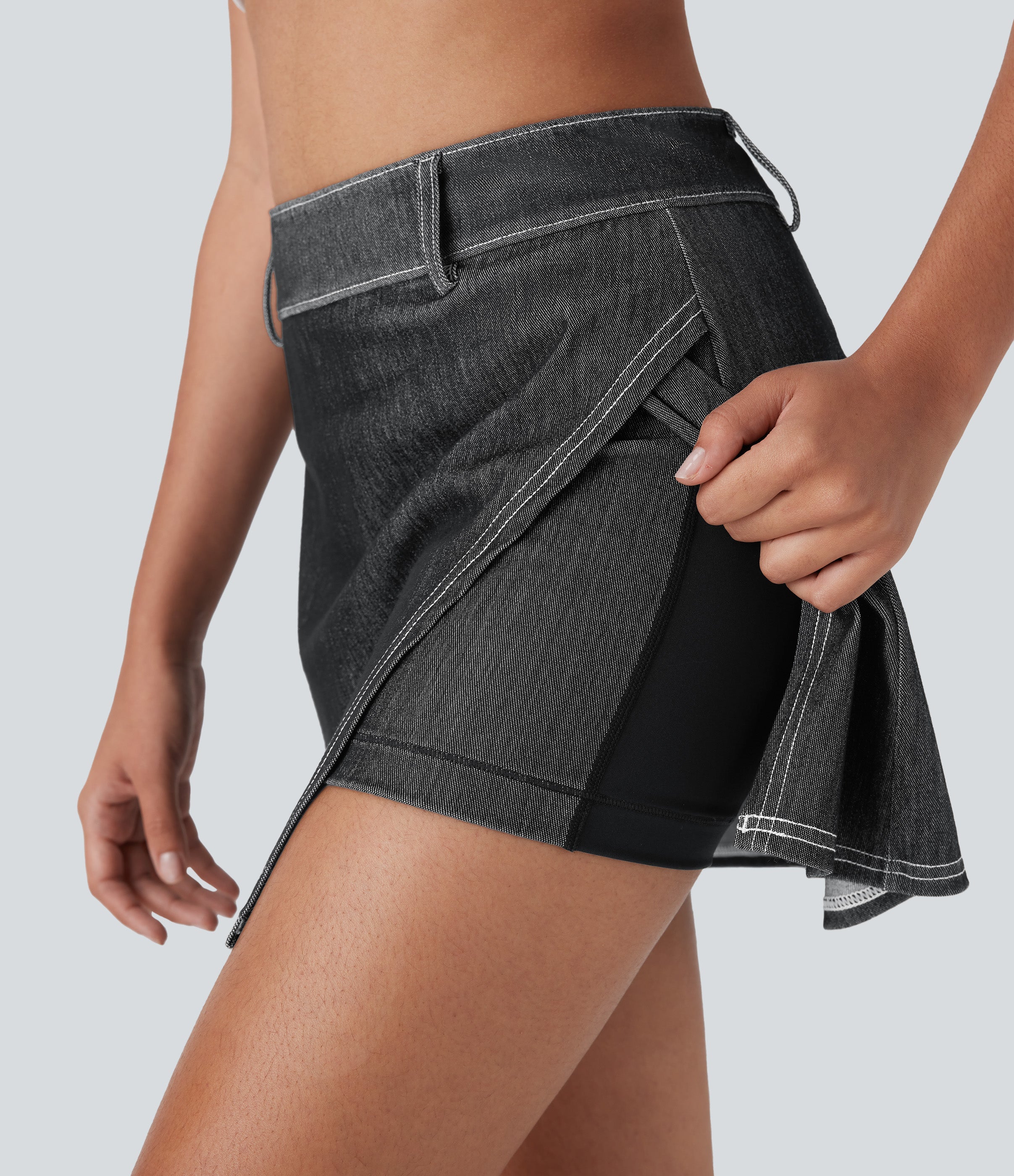 FlexTM High Waisted 2-in-1 Cool Touch Washed Denim Mini Tennis Skirt with Pocket