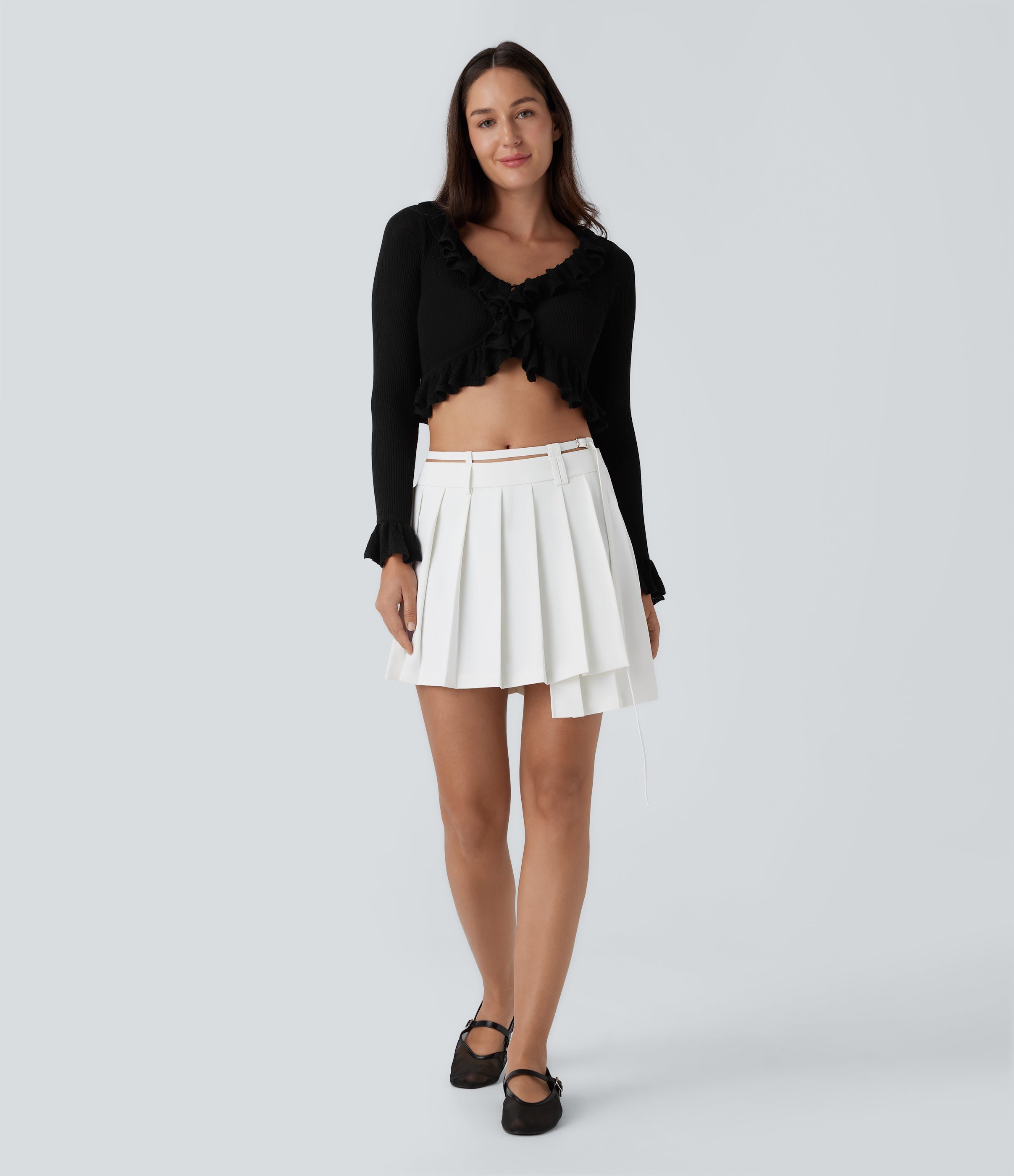 Mid Rise Belted Asymmetric Pleated Mini Casual Skirt