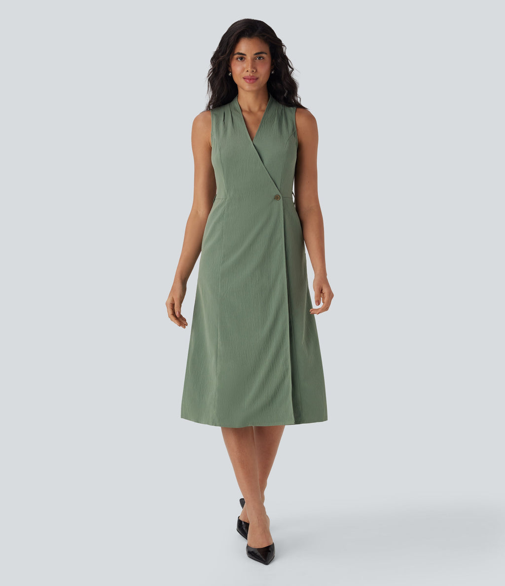 Anti-wrinkle V Neck Sleeveless Wrapped Belted Midi Travel Dress with Pockets
