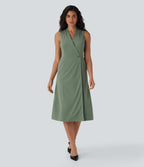 Anti-wrinkle V Neck Sleeveless Wrapped Belted Midi Travel Dress with Pockets
