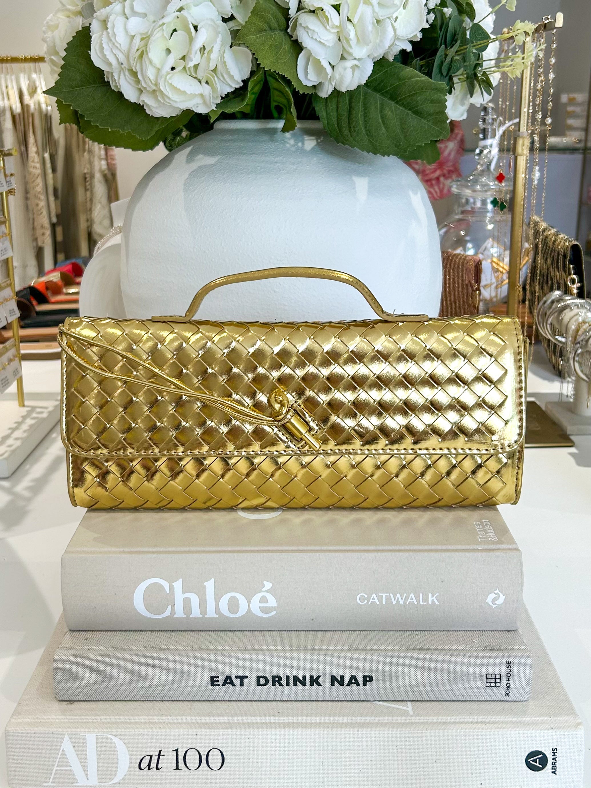 Woven Rectangle Envelope Gold Rod Fasten Clutch Bag (15 Colours)