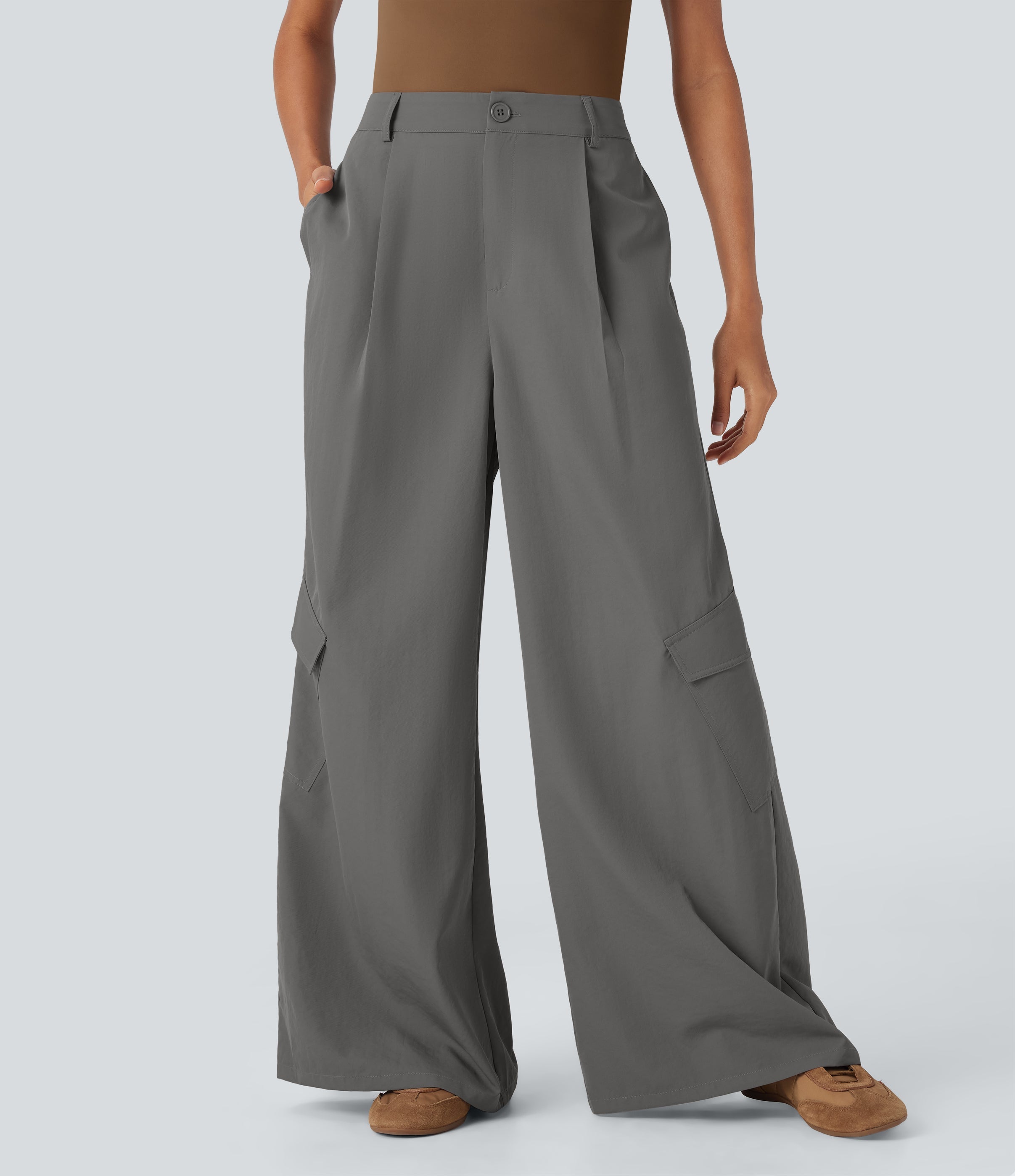 High Waisted Wide Leg Casual Cargo Pants with Pockets