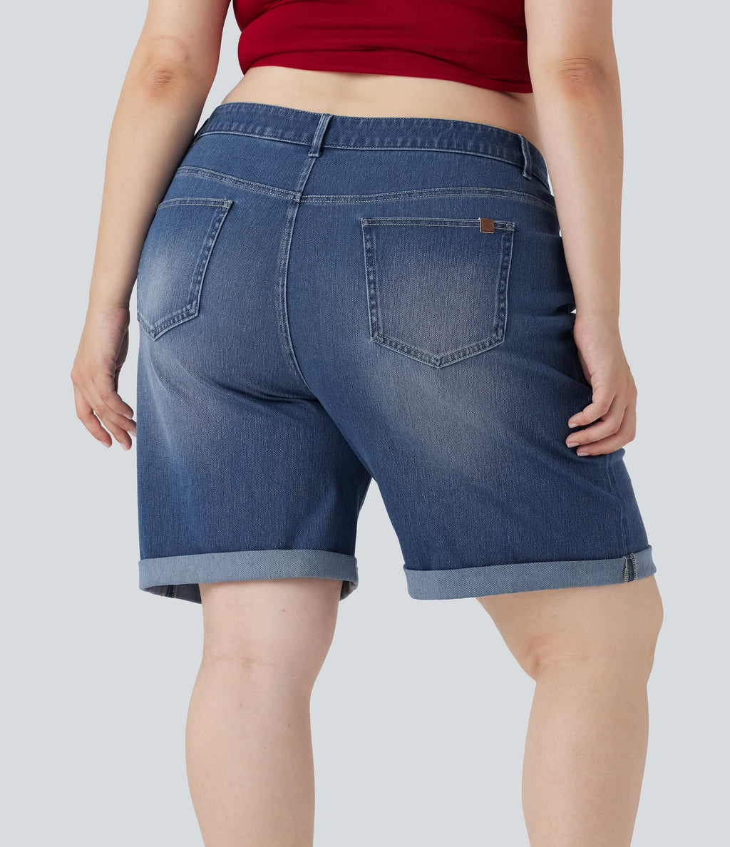 FlexTM High Waisted Multiple Pockets Rolled Hem Washed Stretchy Knit Denim Casual Plus Size Bermuda Shorts