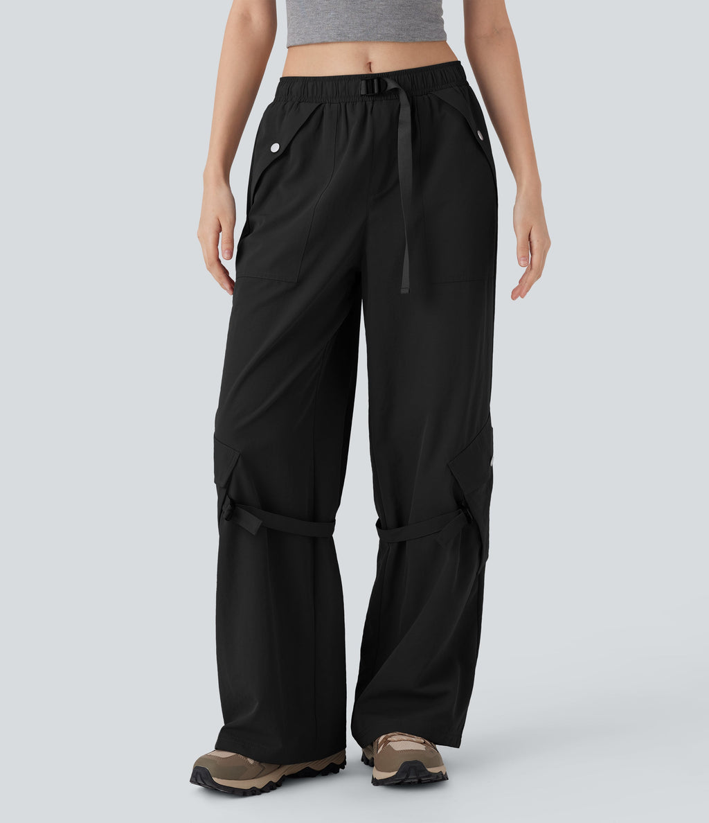 Mid Rise Belted Wide Leg Hiking Cargo Pants with Pockets