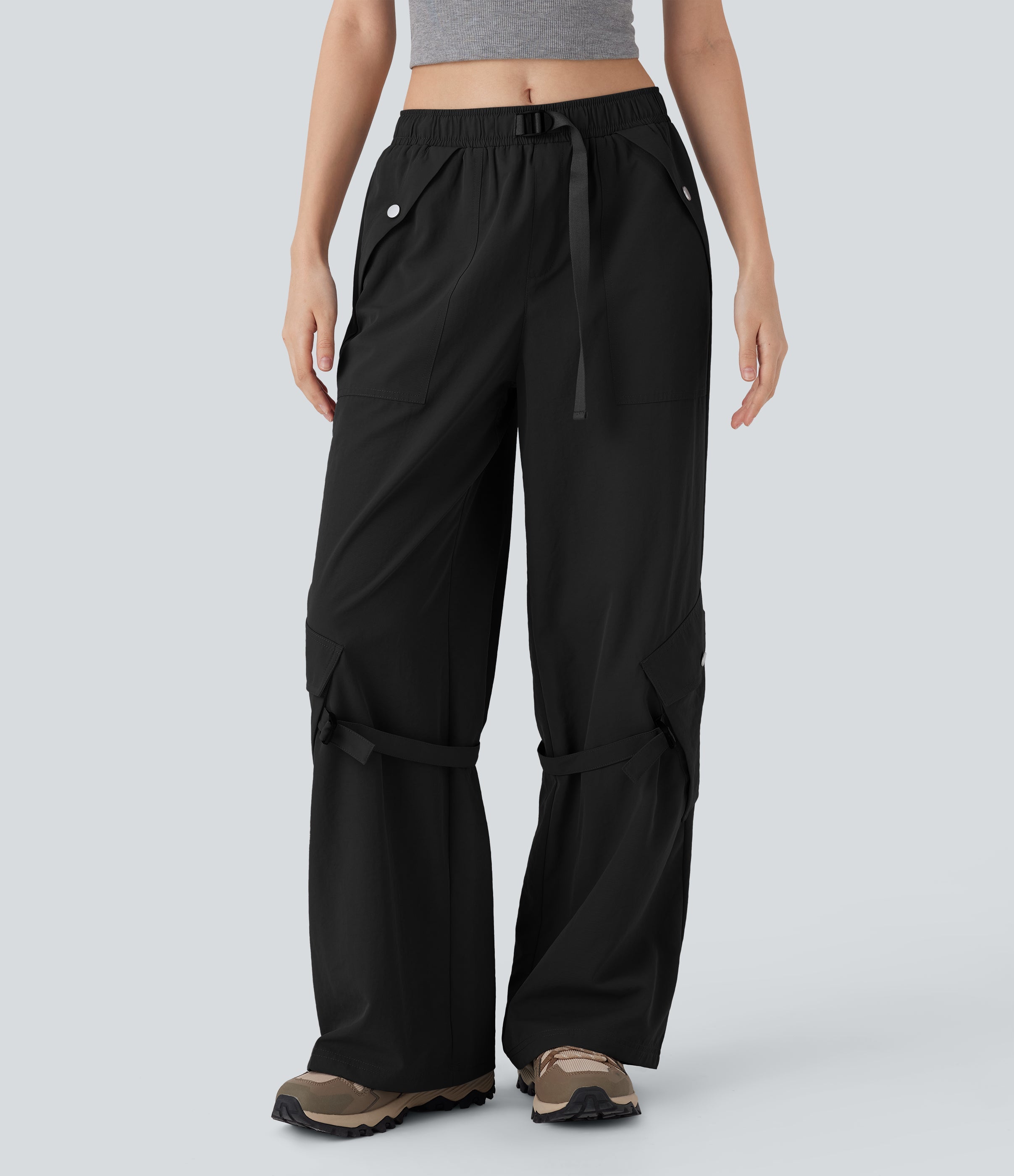 Mid Rise Belted Wide Leg Hiking Cargo Pants with Pockets