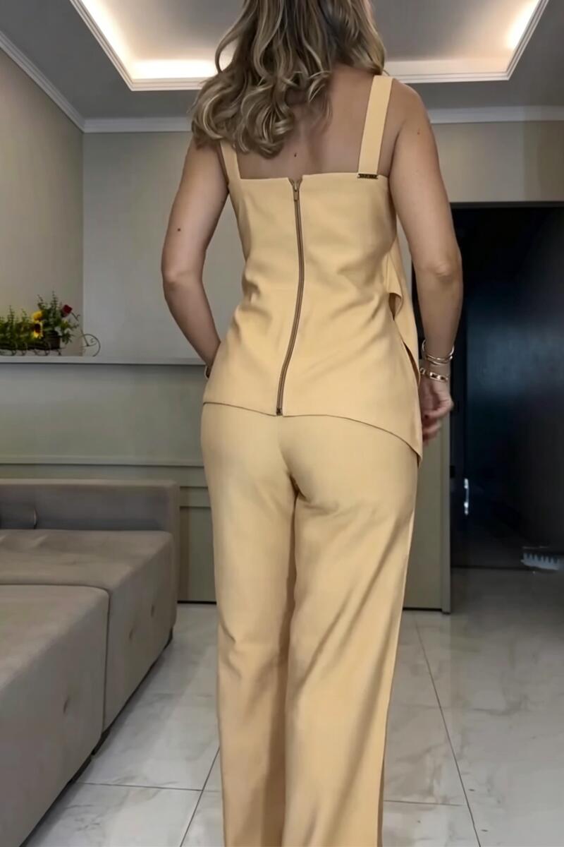 Women Strap Irregular Top+ Pants Solid Color Casual Set