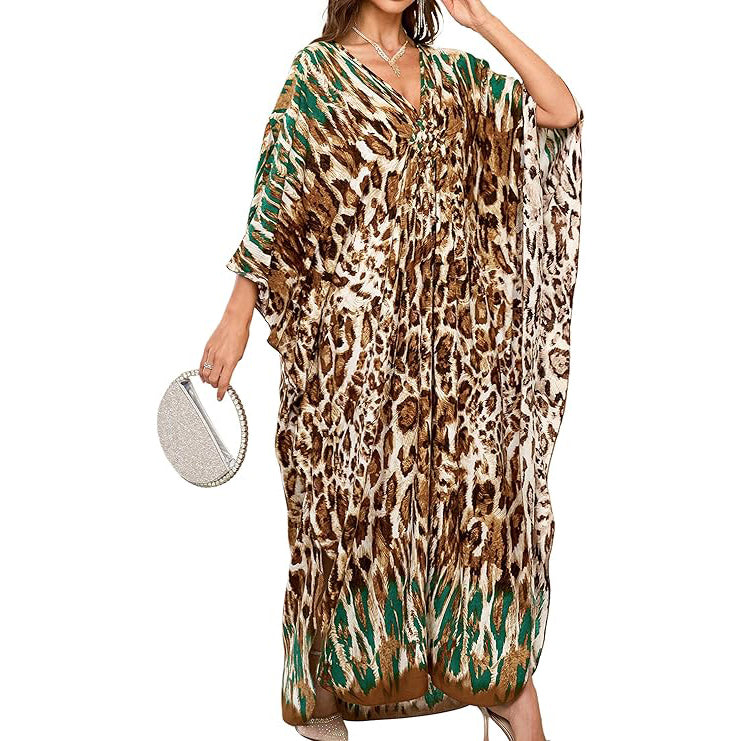 Plus Size V-Neck Batwing Sleeves Floral Print Caftan Kaftan Dress
