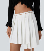 Mid Rise Belted Asymmetric Pleated Mini Casual Skirt