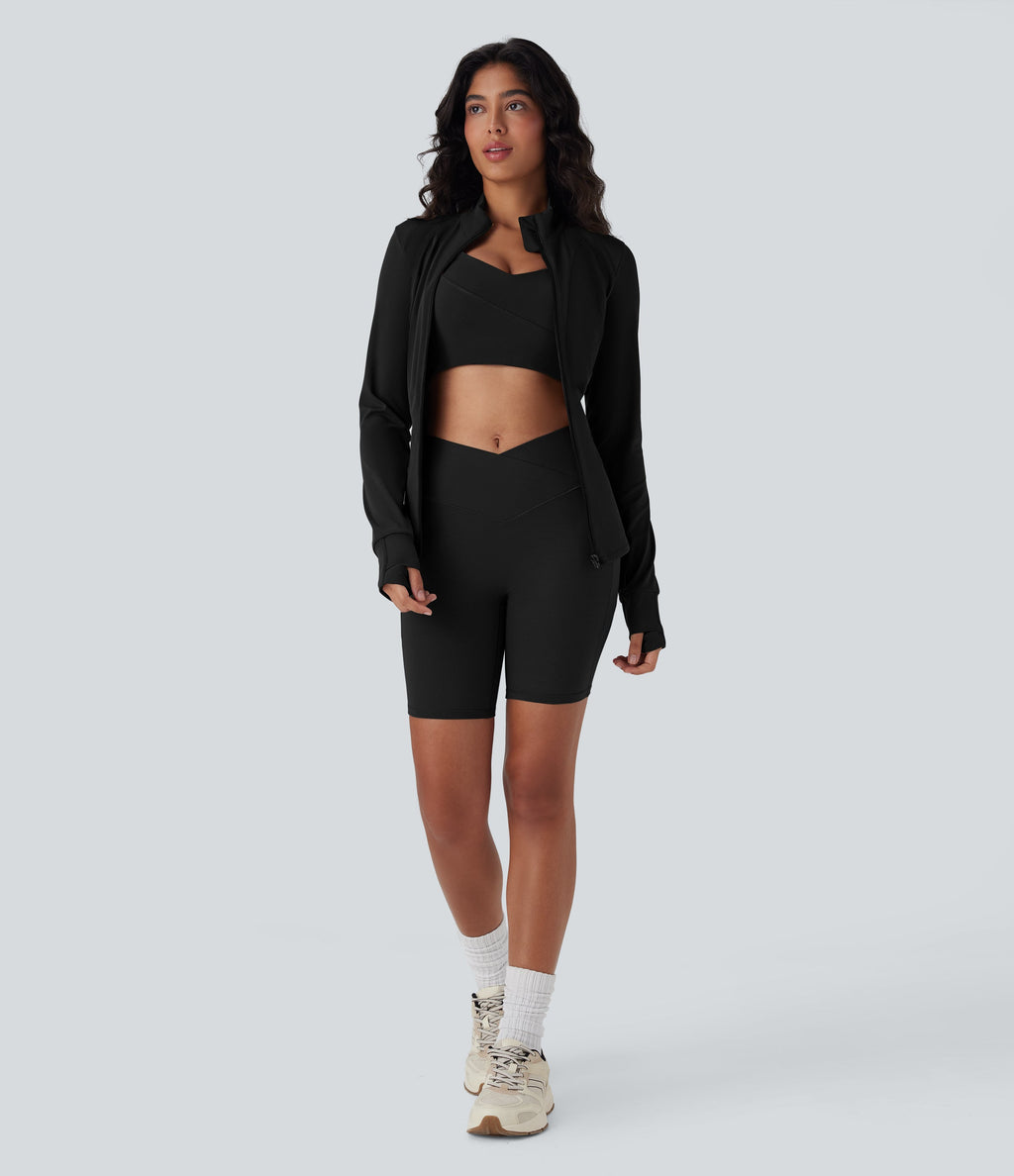 UltraSculptTM High Waisted Crossover Tummy Control Butt Lifting Yoga Biker Shorts 7'' with Pockets
