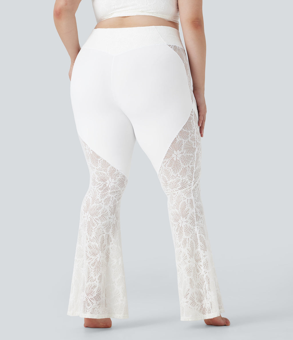 SoftlyZeroTM Crossover High Waisted Contrast Lace Yoga Plus Size Flare Leggings with Pocket