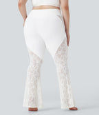 SoftlyZeroTM Crossover High Waisted Contrast Lace Yoga Plus Size Flare Leggings with Pocket