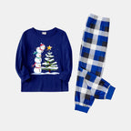 Couple Blue Plaid Pajamas Set with Snowman & Christmas Tree Print