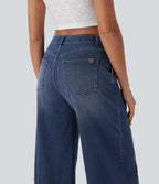FlexTM Mid Rise Capri Wide Leg Washed Casual Jeans with Pockets