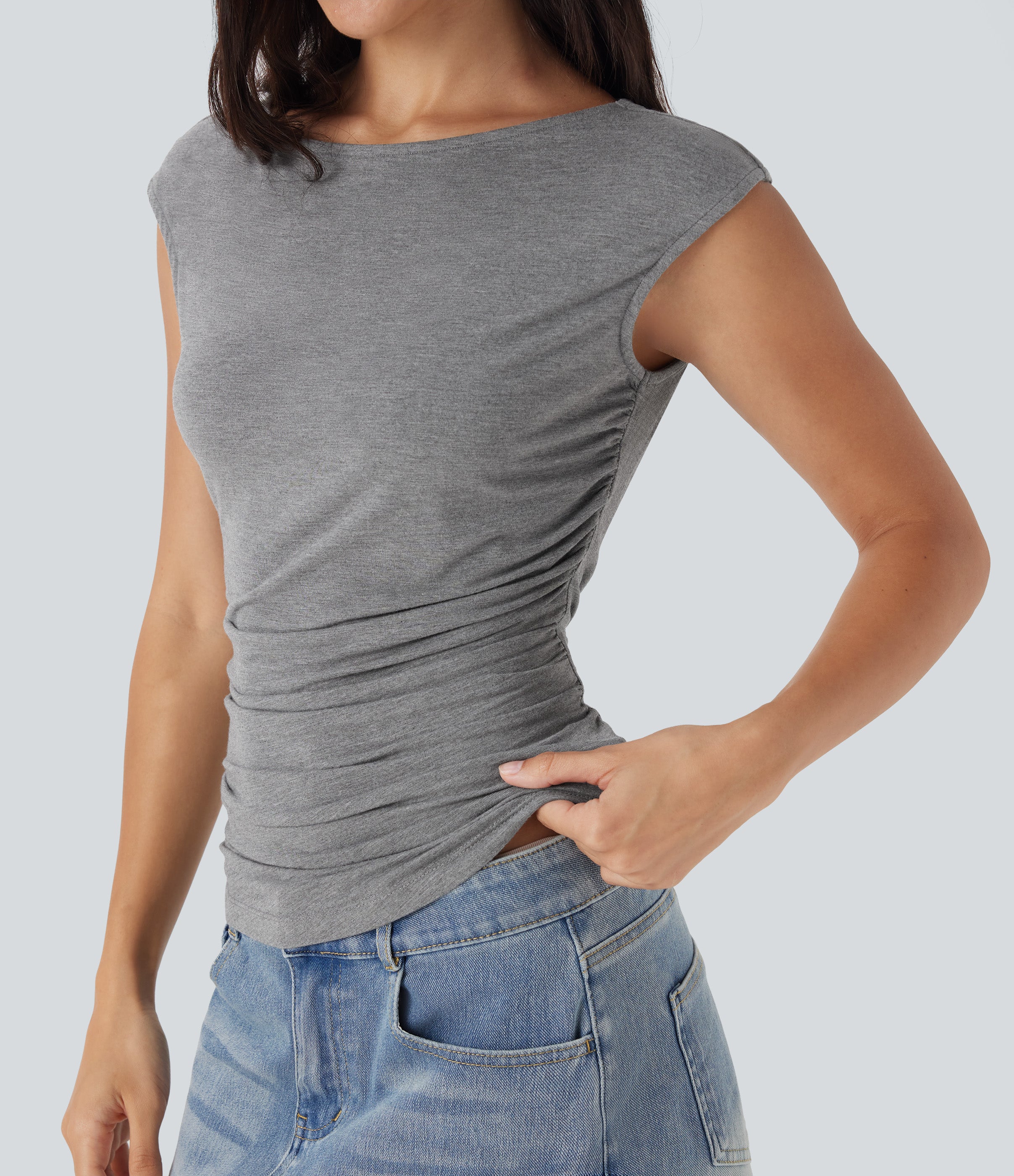 Boat Neck Cap Sleeve Ruched Casual Top