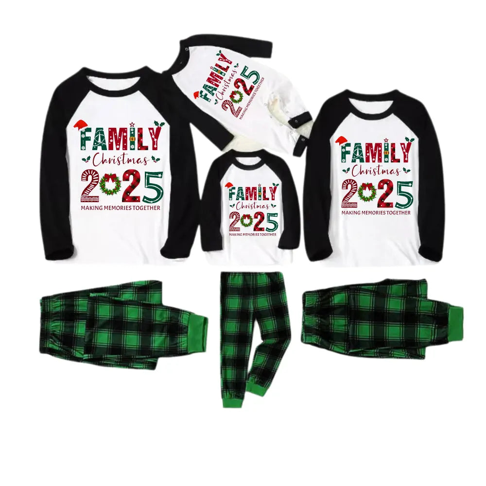 Black Raglan Top Green Plaid Christmas Pajamas Set With Christmas Holiday Text
