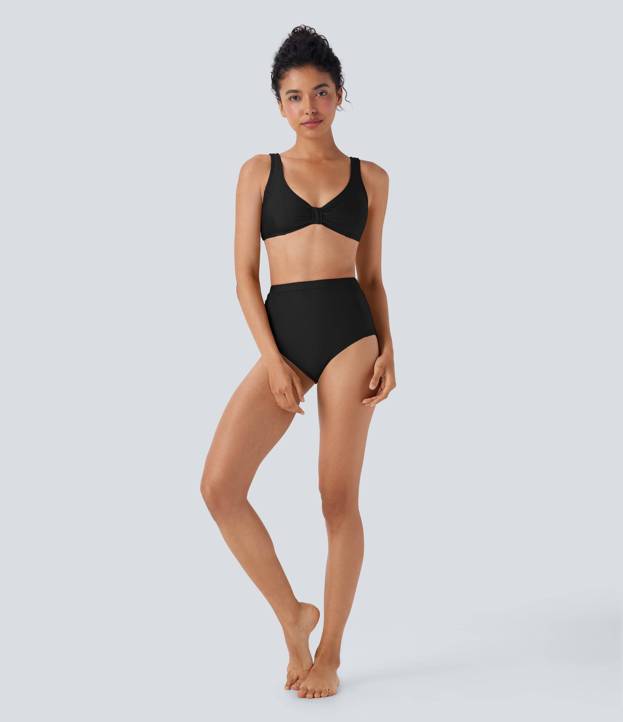 High Waisted Tummy Control Sheen Bikini Bottom Swimsuit with Pockets