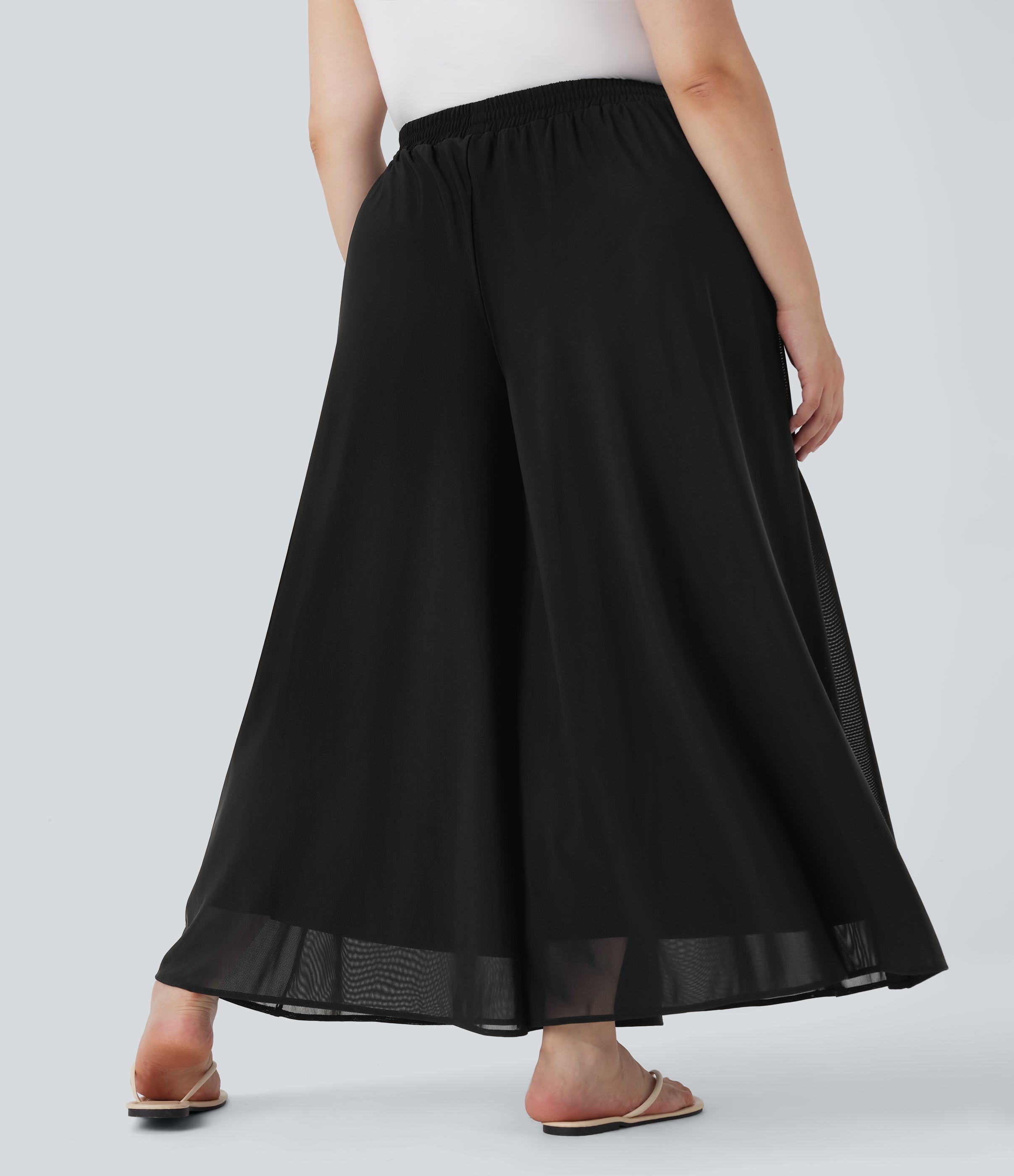 Plus Size High Waisted Mesh Overlay Wide Leg Casual Pants with Pockets