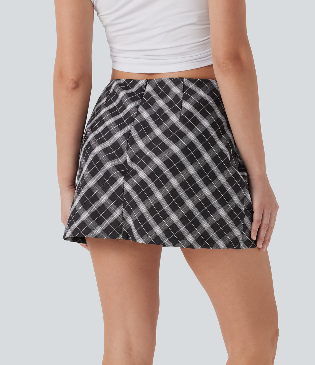 Mid Rise 2-in-1 Plaid A-line Mini Casual Skirt with Pocket