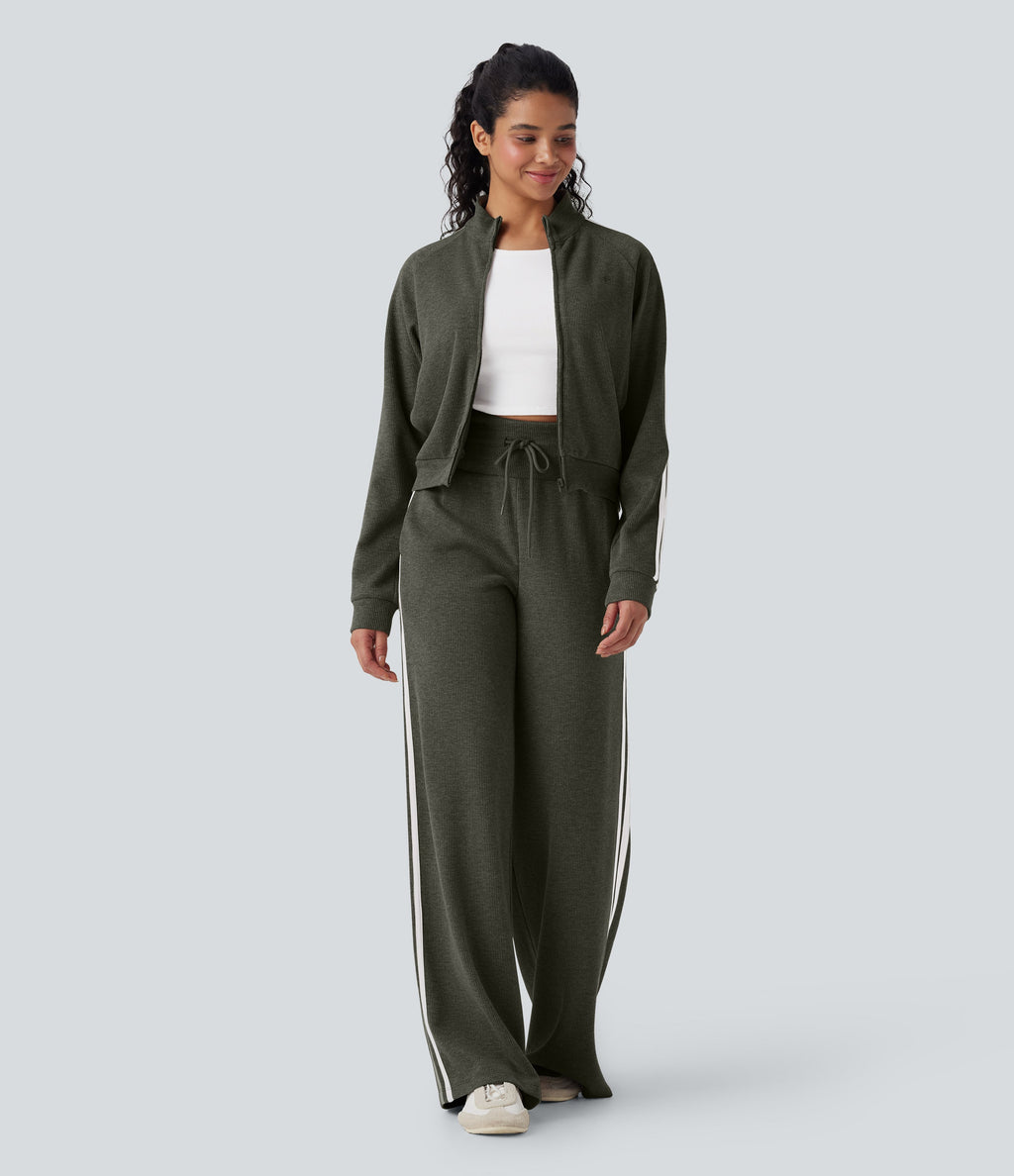 2026🔥 Ribbed SoCinched High Waisted Tummy Control Drawstring Wide Leg Color Block Casual Trousers with Pockets