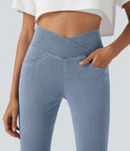 FlexTM Crossover High Waisted Denim Casual Capri Leggings with Pockets