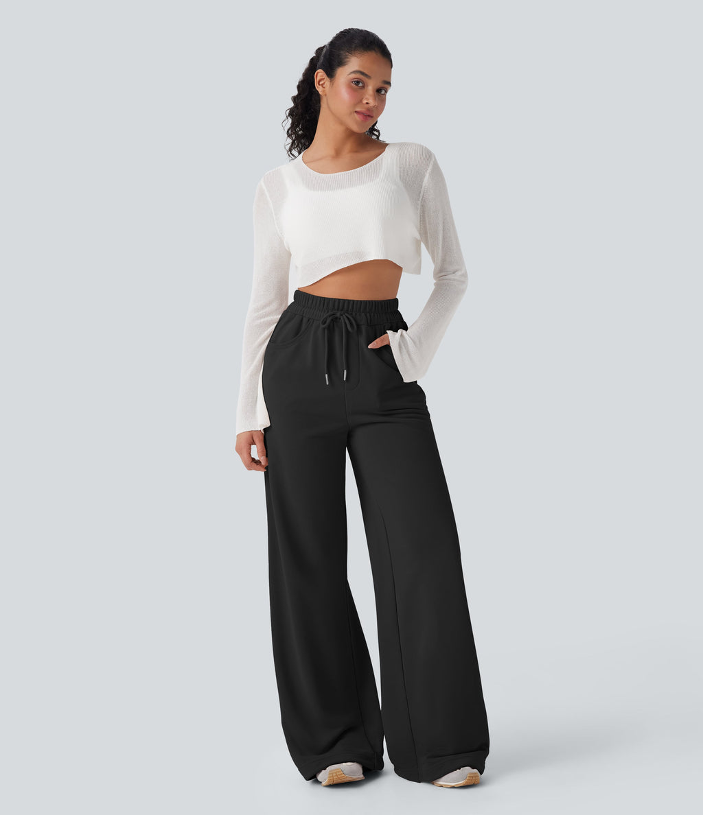 High Waisted Drawstring Cinchable Hem Wide Leg Casual Pants with Pockets