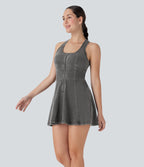 FlexTM Racerback Sleeveless Half Zipper Mini Washed Denim Casual Dress