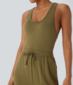 U Neck Racerback Drawstring Casual Jumpsuit with Pockets