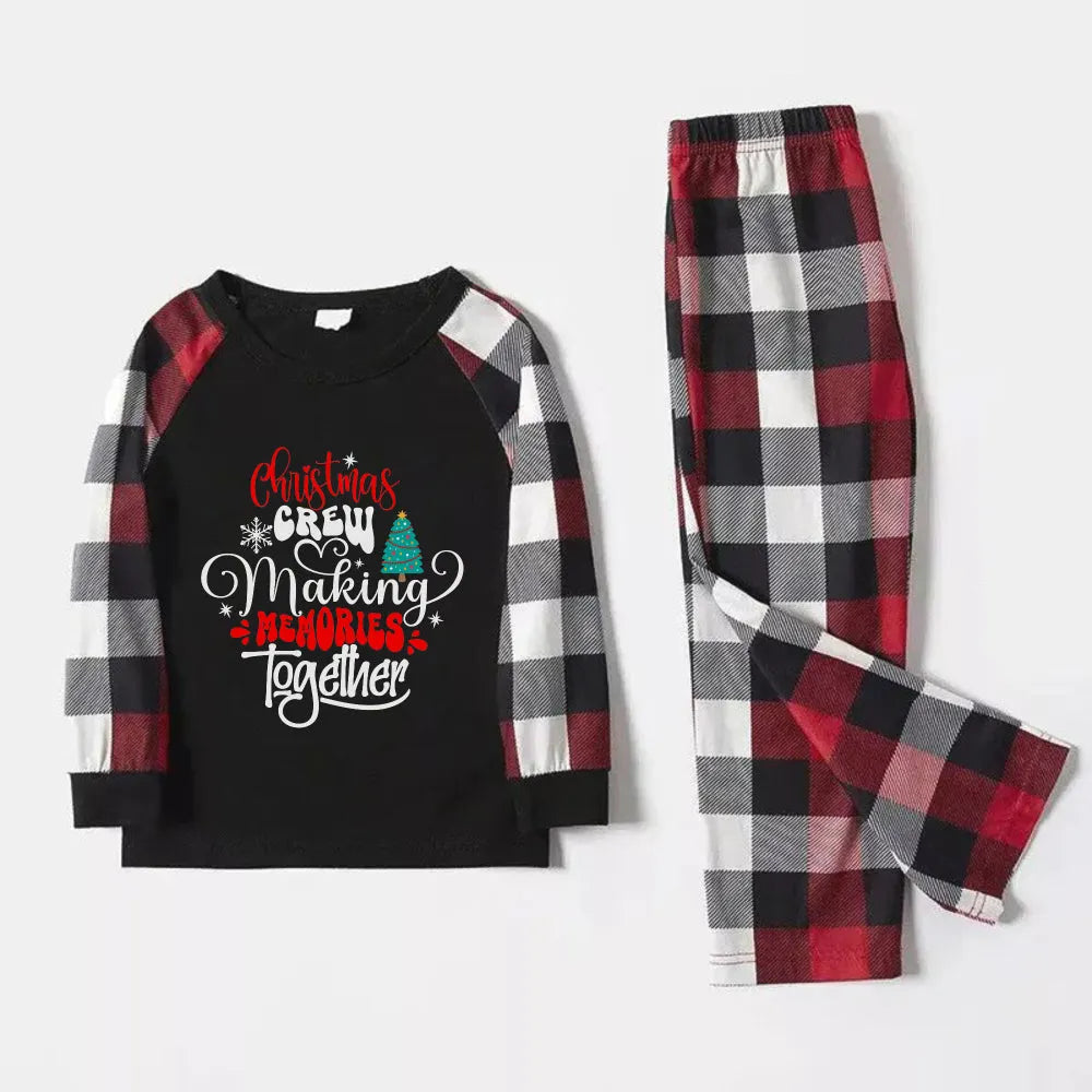 Christmas Family Matching Pajamas-Red and Gray Plaid Pjs set with "Christmas Crew Making Memories Together" Artistic Font Slogan Print