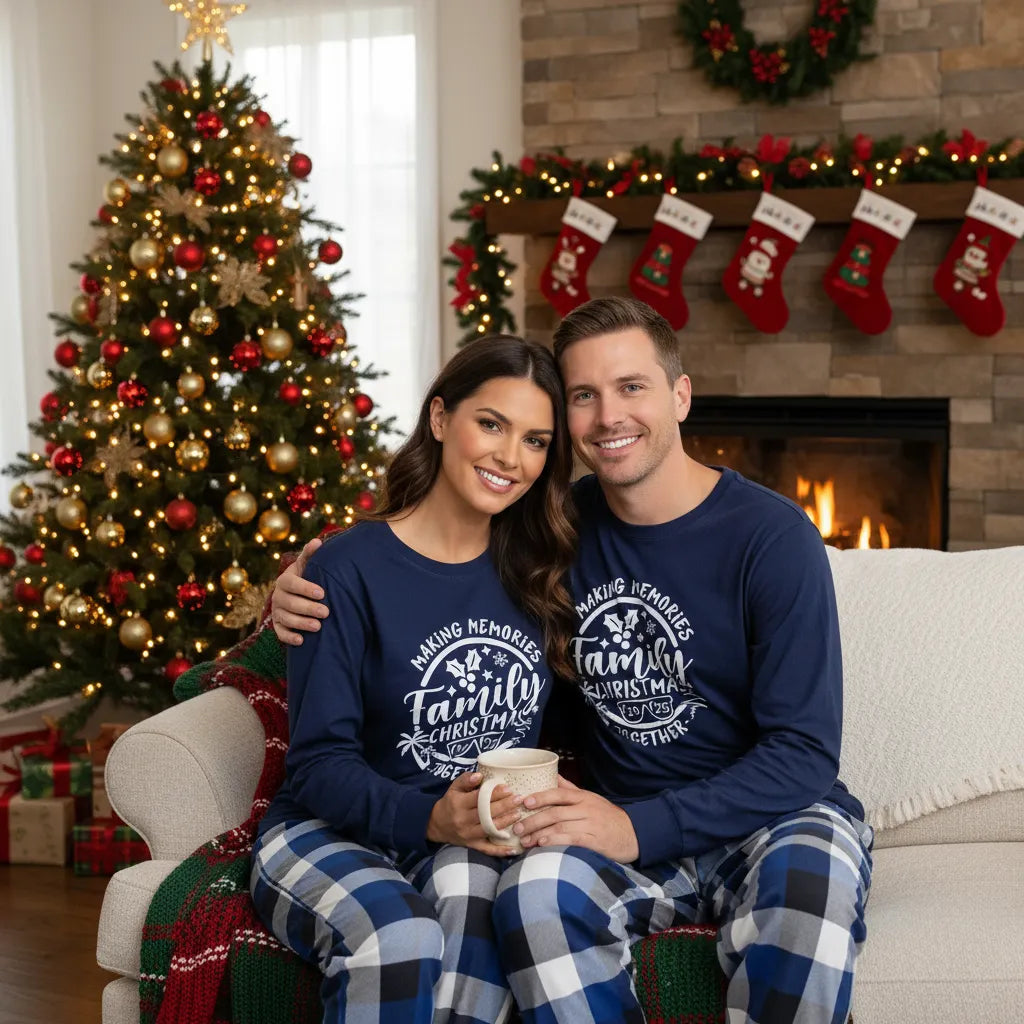 Christmas Couple Blue Plaid Pajamas With Make Memories Together 2025 Print