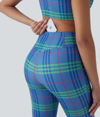 Crossover High Waisted Plaid Cool Touch Yoga Flare Leggings with Pocket