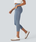 FlexTM Crossover High Waisted Denim Casual Capri Leggings with Pockets