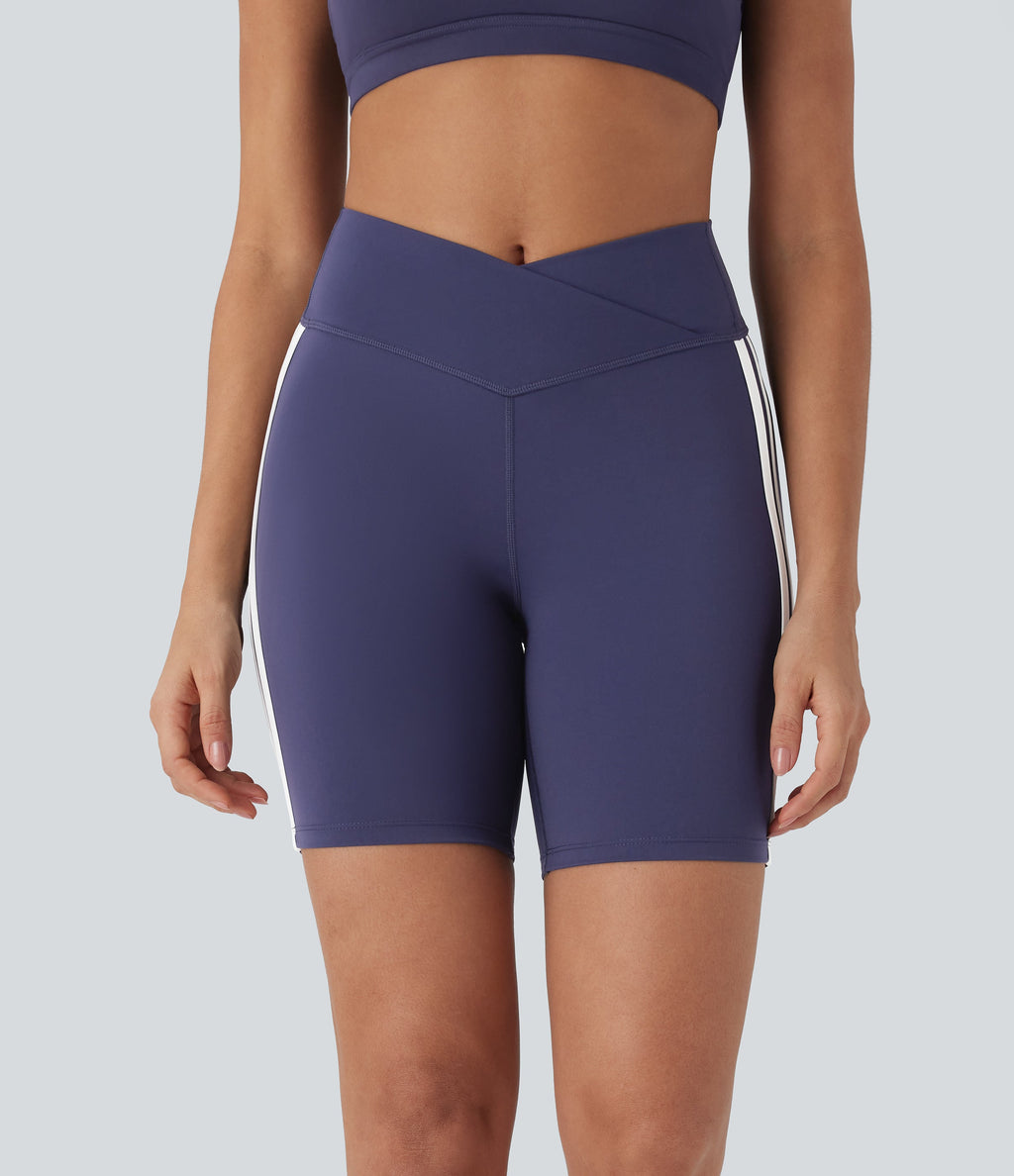 Crossover Mid Rise Color Block Stripe Yoga Biker Shorts 7''