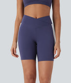 Crossover Mid Rise Color Block Stripe Yoga Biker Shorts 7''