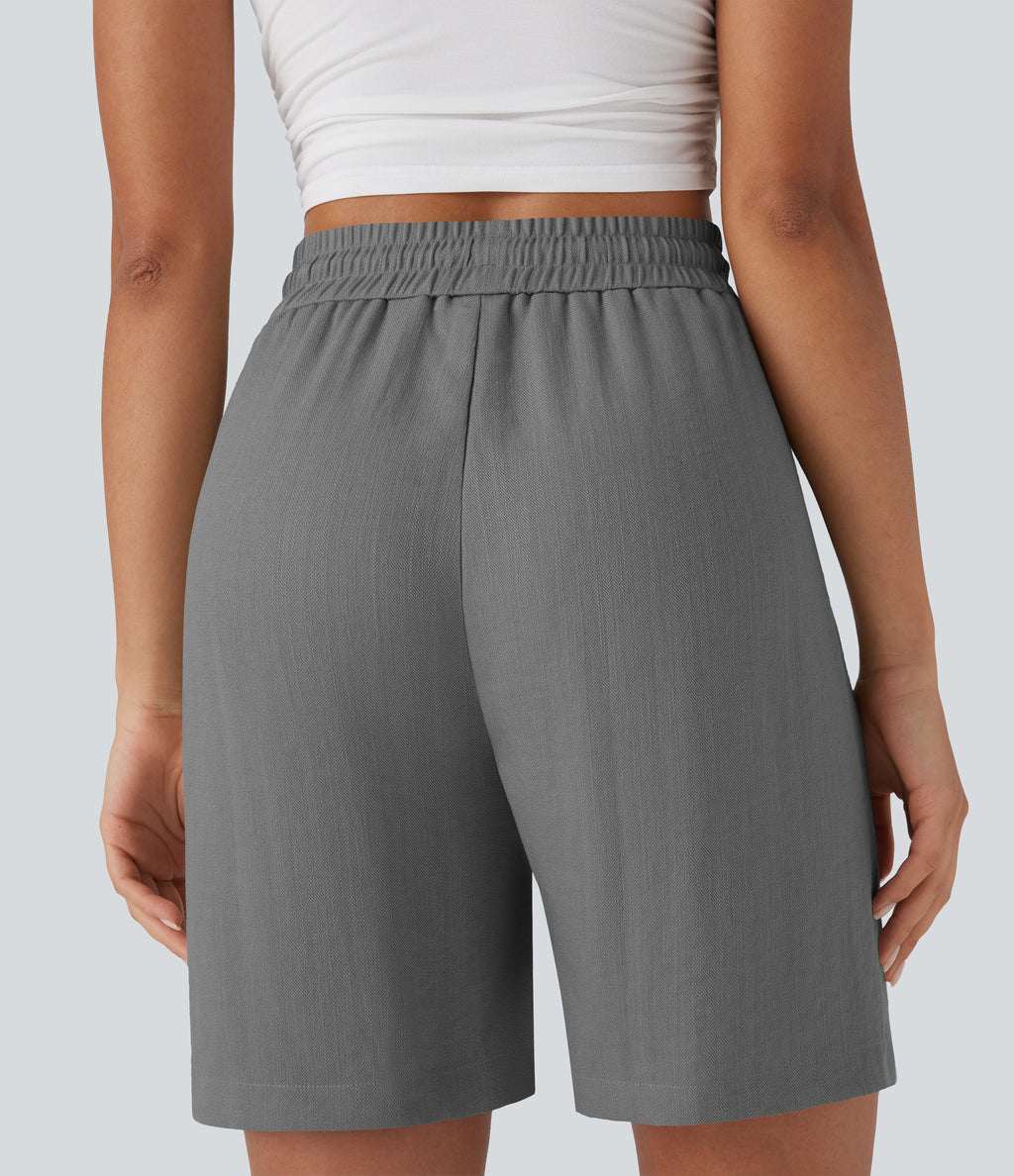 High Waisted Drawstring Casual Linen-Feel Shorts with Pockets
