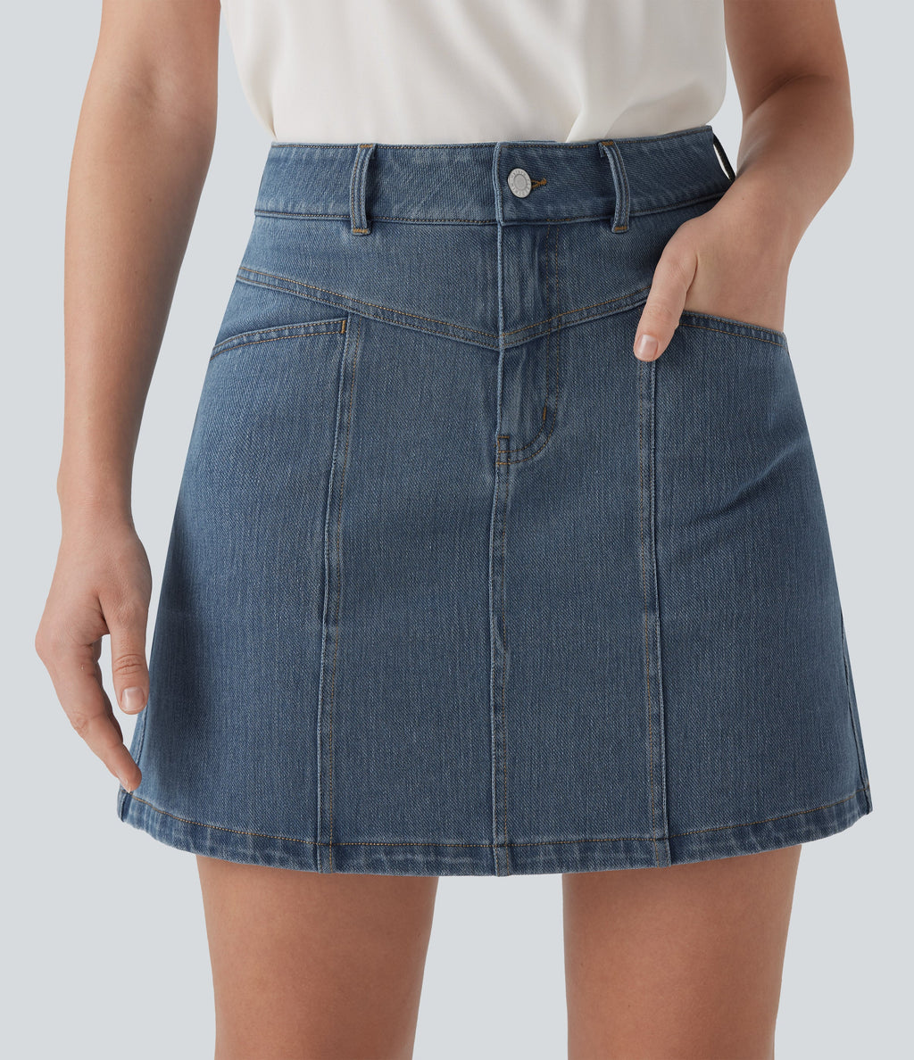 FlexTM Mid Rise A Line Stretchy Knit Denim Mini Casual Skirt with Pockets