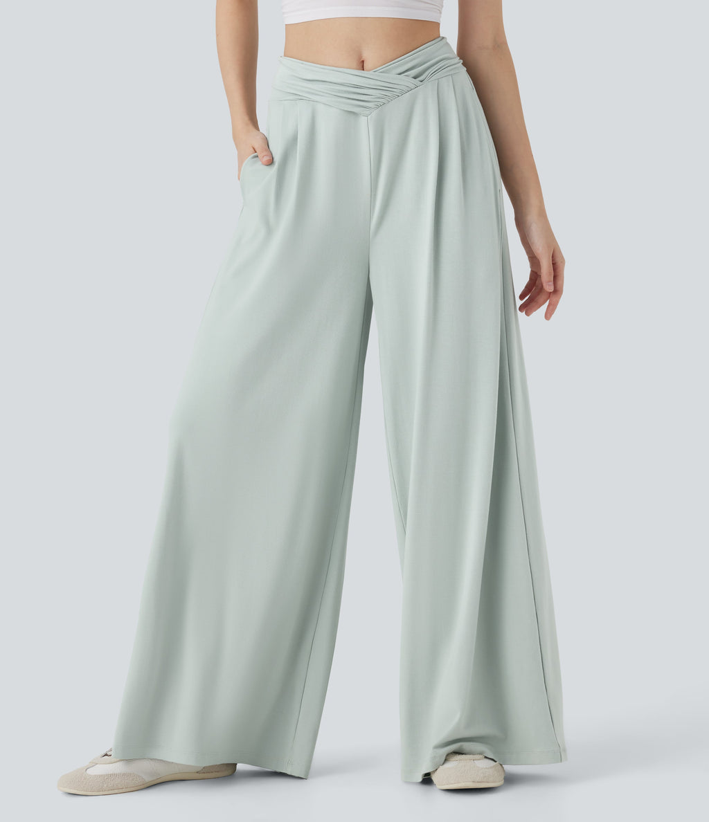 Mid Rise Crossover Ruched Wide Leg Casual Pants with Pockets