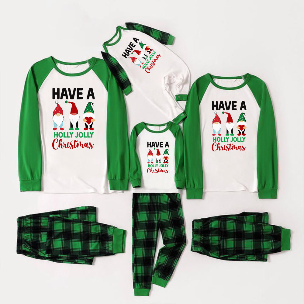 Green Raglan Top Green Plaid Christmas Pajamas Set With Gnomes and "HAVE A HOLLY JOLLY Christmas" Print