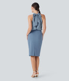 SoftlyZeroTM Airy Halter Tie Back Cool Touch Midi Work Dress with Pockets-UPF50+