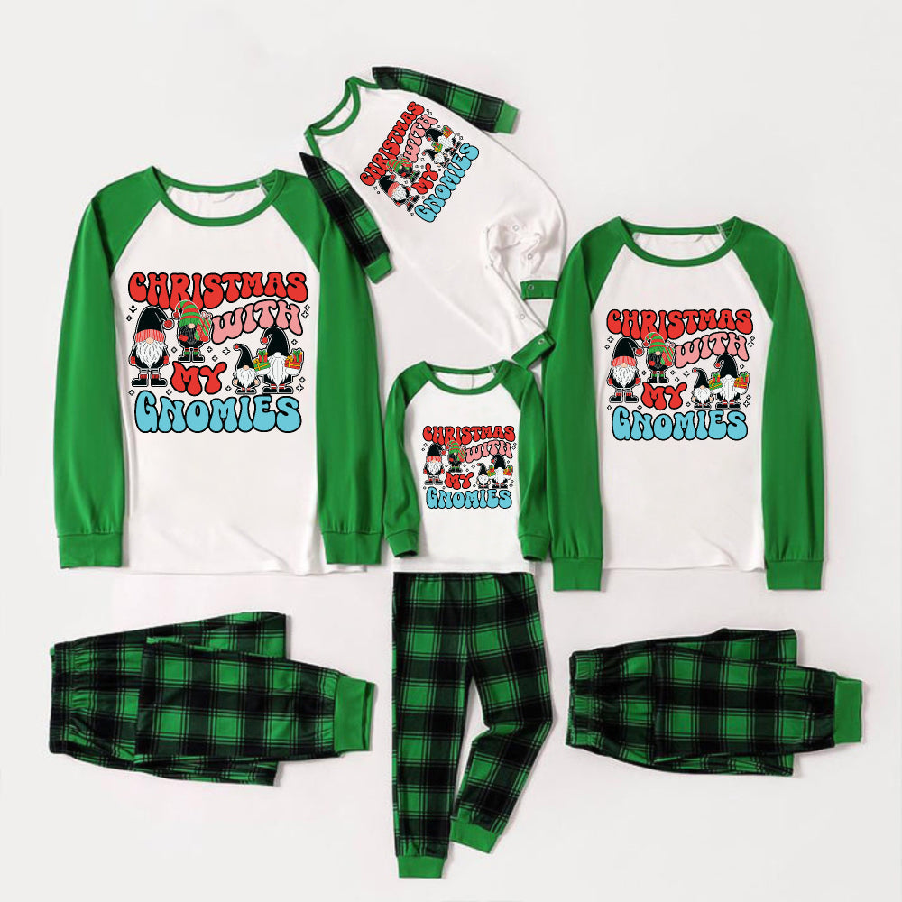 Green Raglan Top Green Plaid Christmas Pajamas Set With "CHRISTMAS WITH MY GNOMIES" Print
