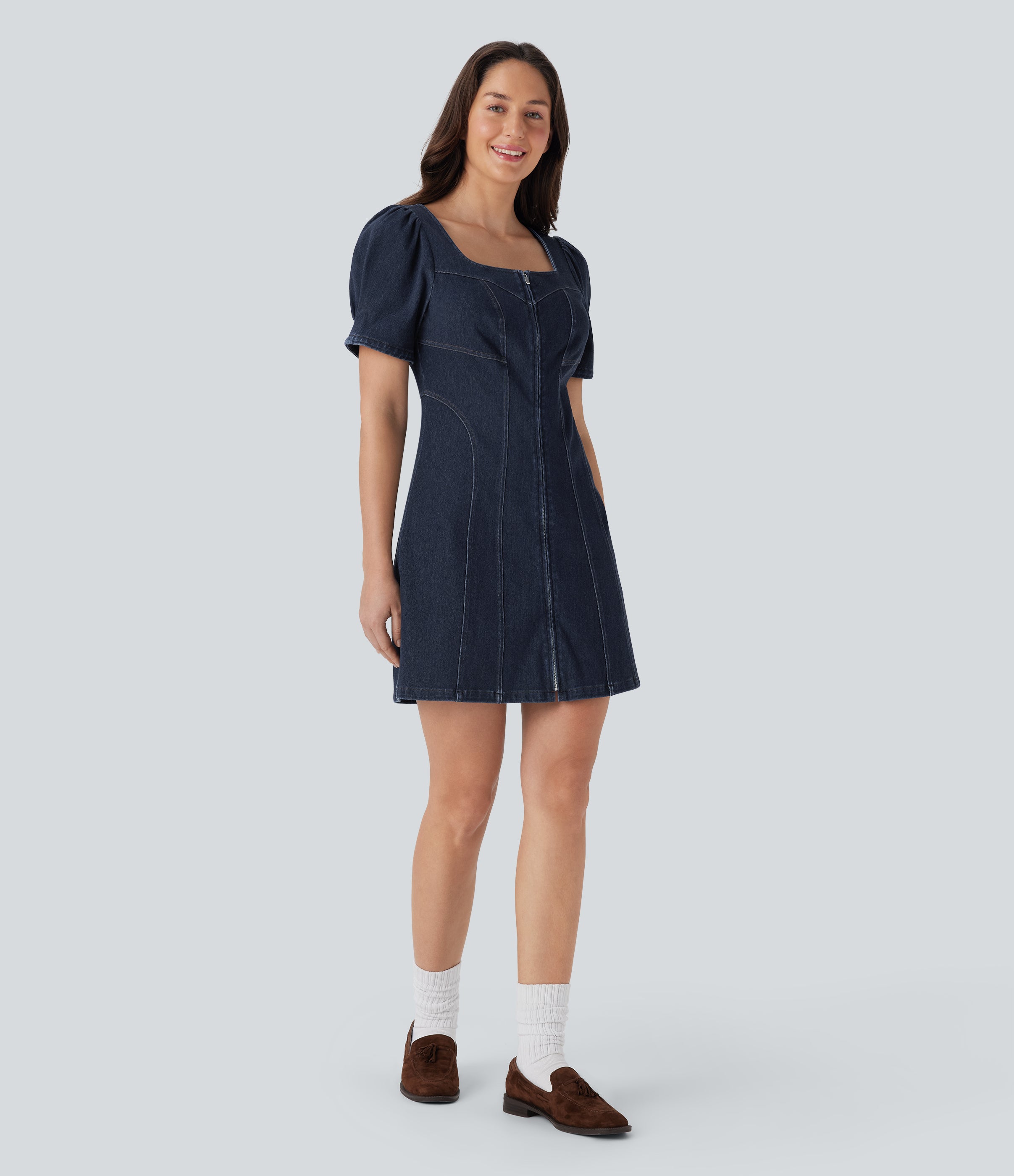 FlexTM Square Neck Short Sleeve Zipper Denim Mini Casual Dress