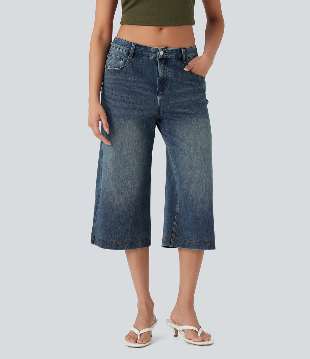FlexTM Low Rise Washed Casual Capri Baggy Jeans with Pockets