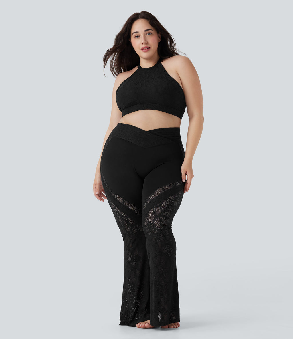 SoftlyZeroTM Crossover High Waisted Contrast Lace Yoga Plus Size Flare Leggings with Pocket