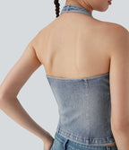 FlexTM Halter Zipper Washed Denim Casual Tank Top