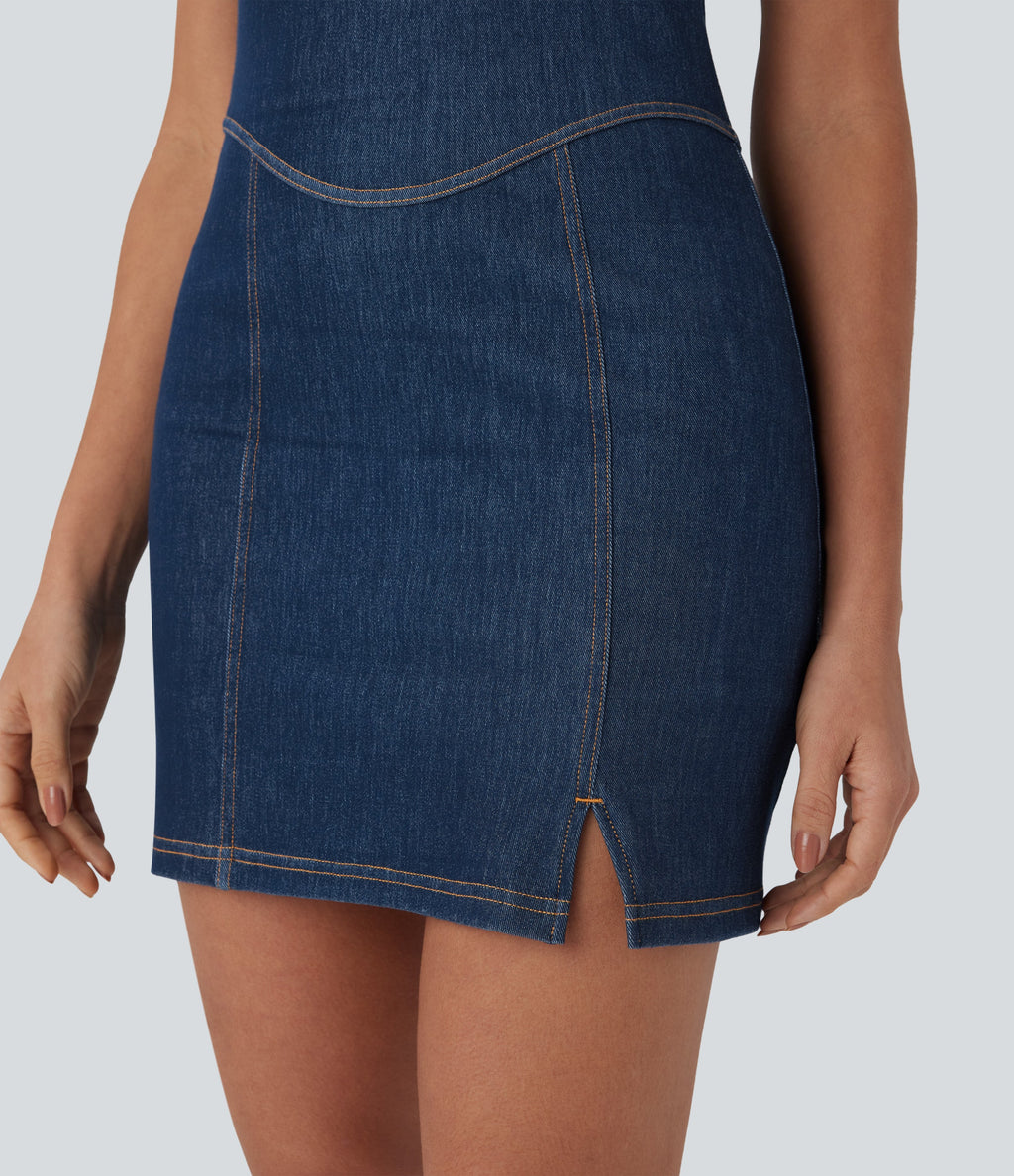 FlexTM Halter Bodycon 2-Piece Cool Touch Washed Denim Mini Tennis Active Dress with Pockets