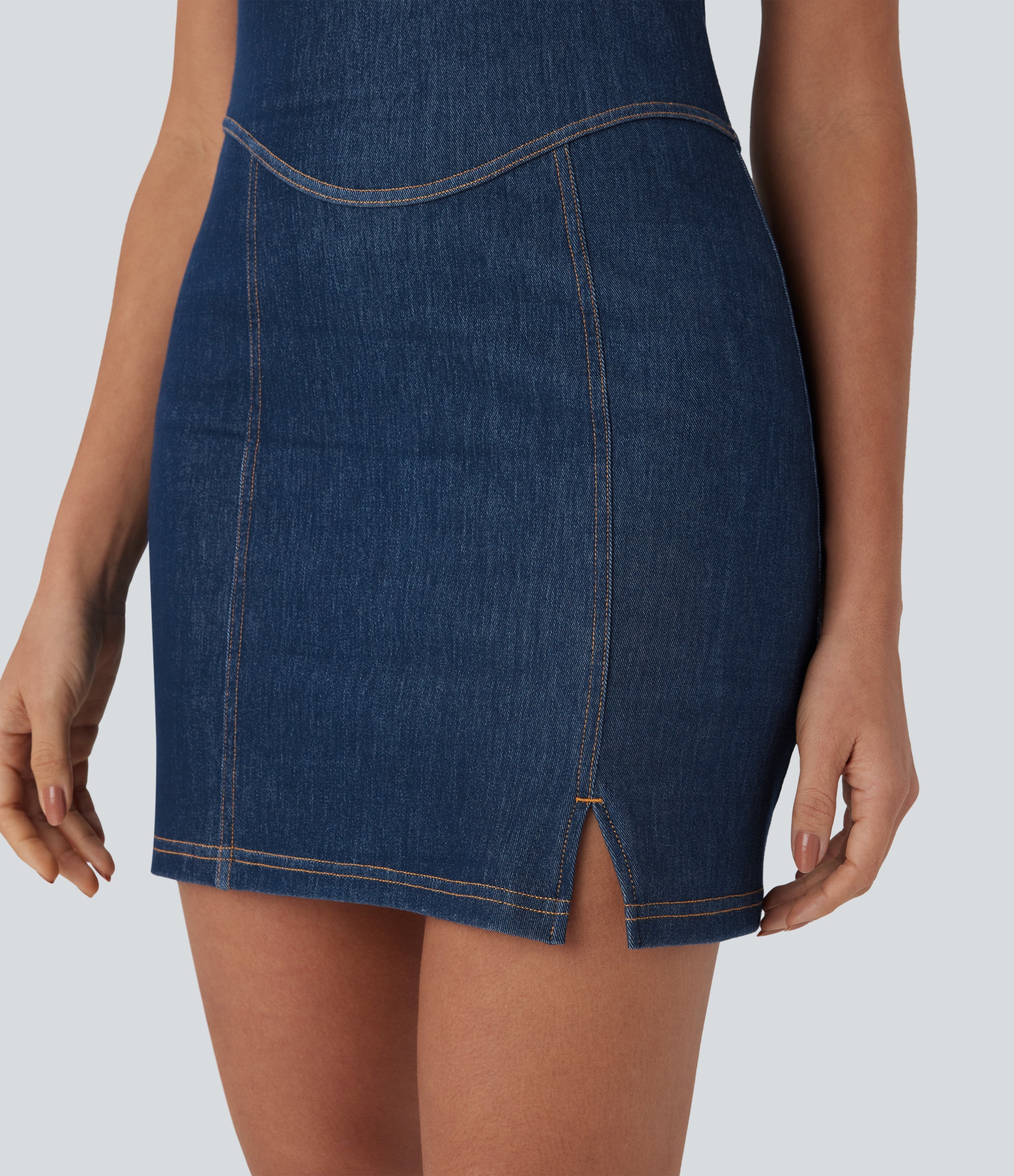 FlexTM Halter Bodycon 2-Piece Cool Touch Washed Denim Mini Tennis Active Dress with Pockets