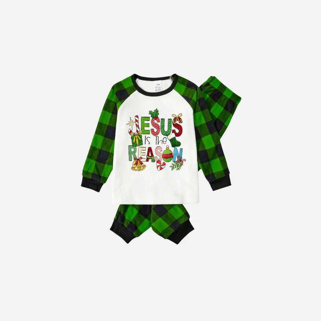 Christmas Cartoon Family Christmas Pajamas Set - White Top with Green Plaid Sleeves and Green Plaid Pants and “Jesus is the Reason” Design