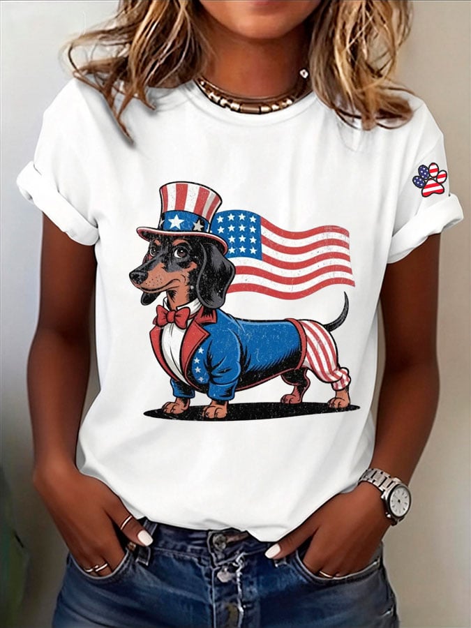 Women's Patriotic Dog Lover Printed Casual T-Shirt